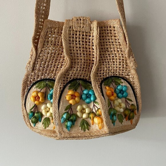 Vintage Crossbody Bag Woven Wicker Straw Floral Boho Brown 11x13 - Picture 4 of 7
